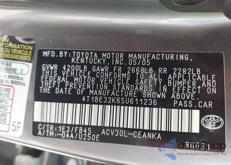 2005 Toyota Camry Le z USA, uszkodzony, nr VIN 4T1BE32K65U611236